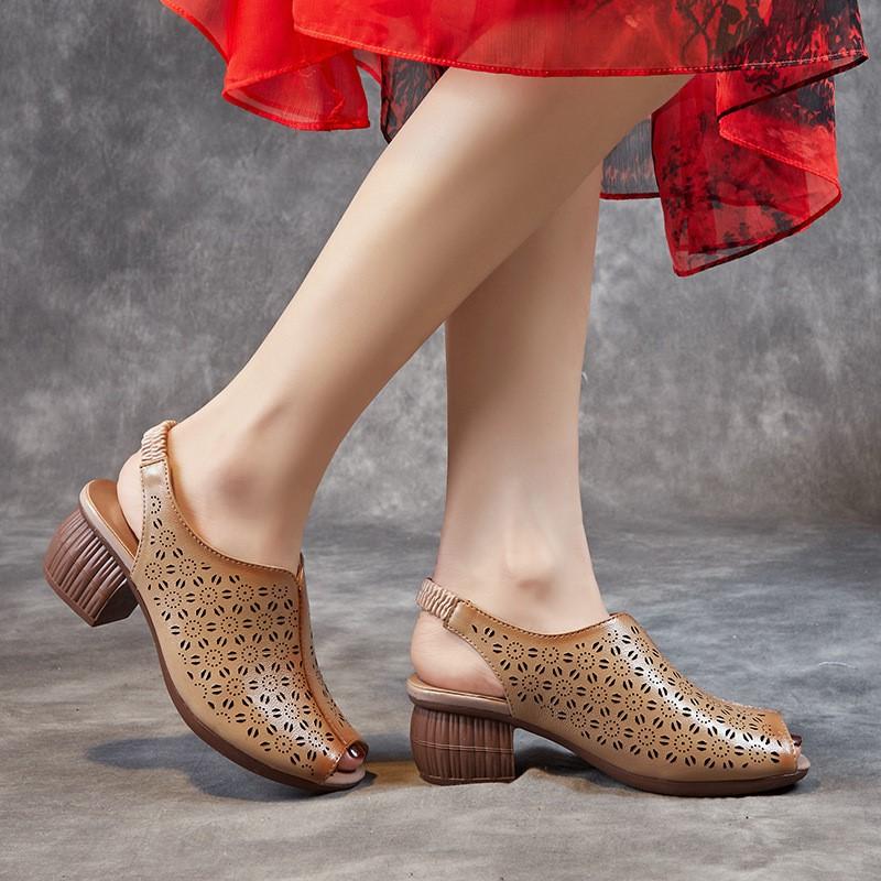 Johnature Echtleder Damen Schuhe Retro Peep Toe Ausgeschnitten Atmungsaktiv Dicke Absatz Sandalen