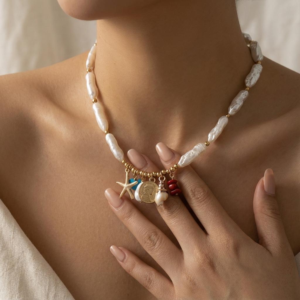 New Luxury Baroque Imitation Pearl Necklace for Women Gold Color Starfish Conch Pendant Choker Summer Beach Wedding Jewelry Gift