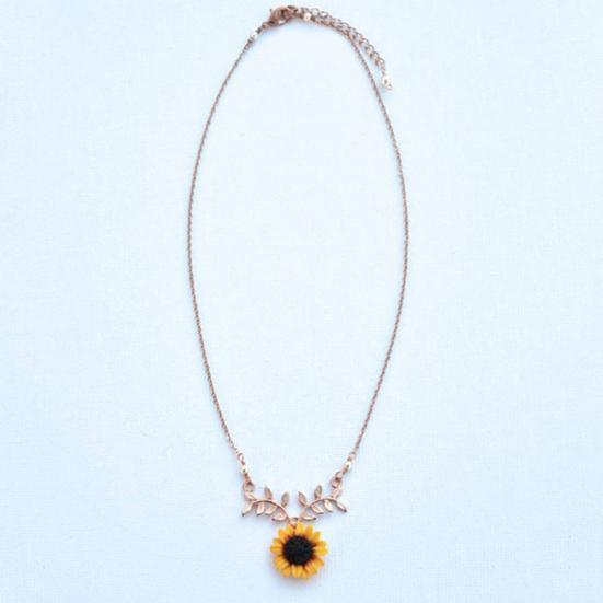 Women Faux Pearl Sunflower Leaf Branch Twig Pendant Necklace Jewelry