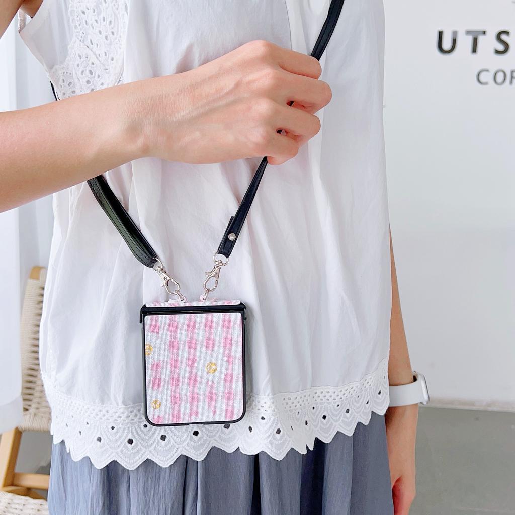 For Samsung Galaxy Z Flip7 FE 5G/Z Flip6 5G Flower and Grids Pattern PU Leather Coated PC Phone Cover with Crossbody Strap