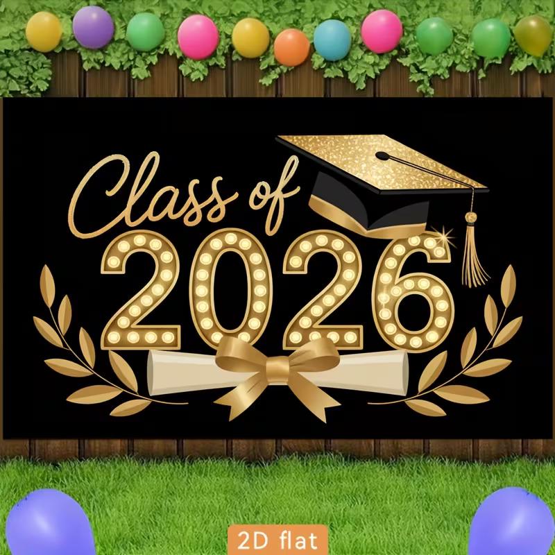 2D Class of 2026 Graduation Photography Backdrop Black Gold Cap, Diploma and Laurel Party Background