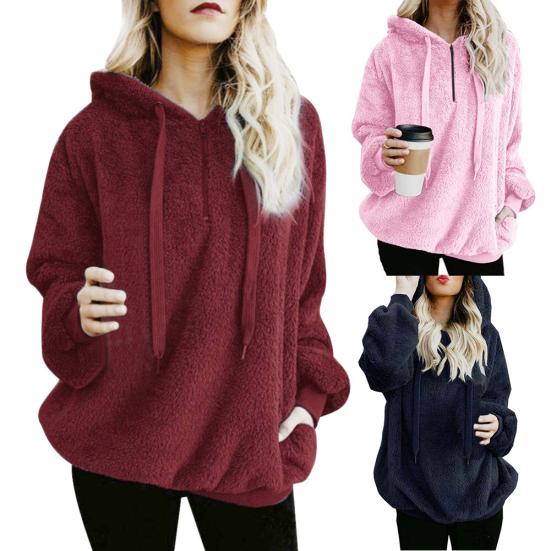 Zimní silné teplé jednobarevné dámské mikiny s dlouhým rukávem na zip s kapucí