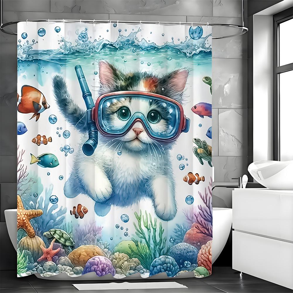 Cat Diving in the Underwater World Shower Curtain Washable Dirt-Resistant Shower Head waterproof Polyester Bath Curtain