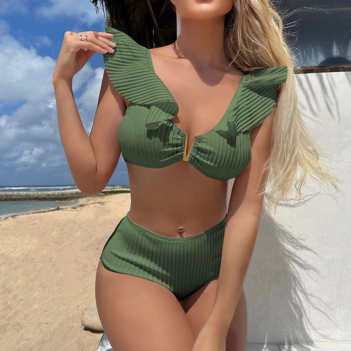European and American special fabrics high waist ruffle edge split swimsuit bikini bikini S темно-зеленого