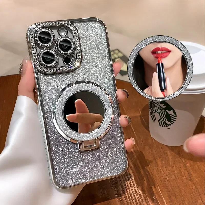 Luxury Diamond Clear Glitter Magsafe Phone Case For iPhone 17 Pro Max 16 11 14 13 12 15 Pro Max Magnetic Holder Stand Soft Cover