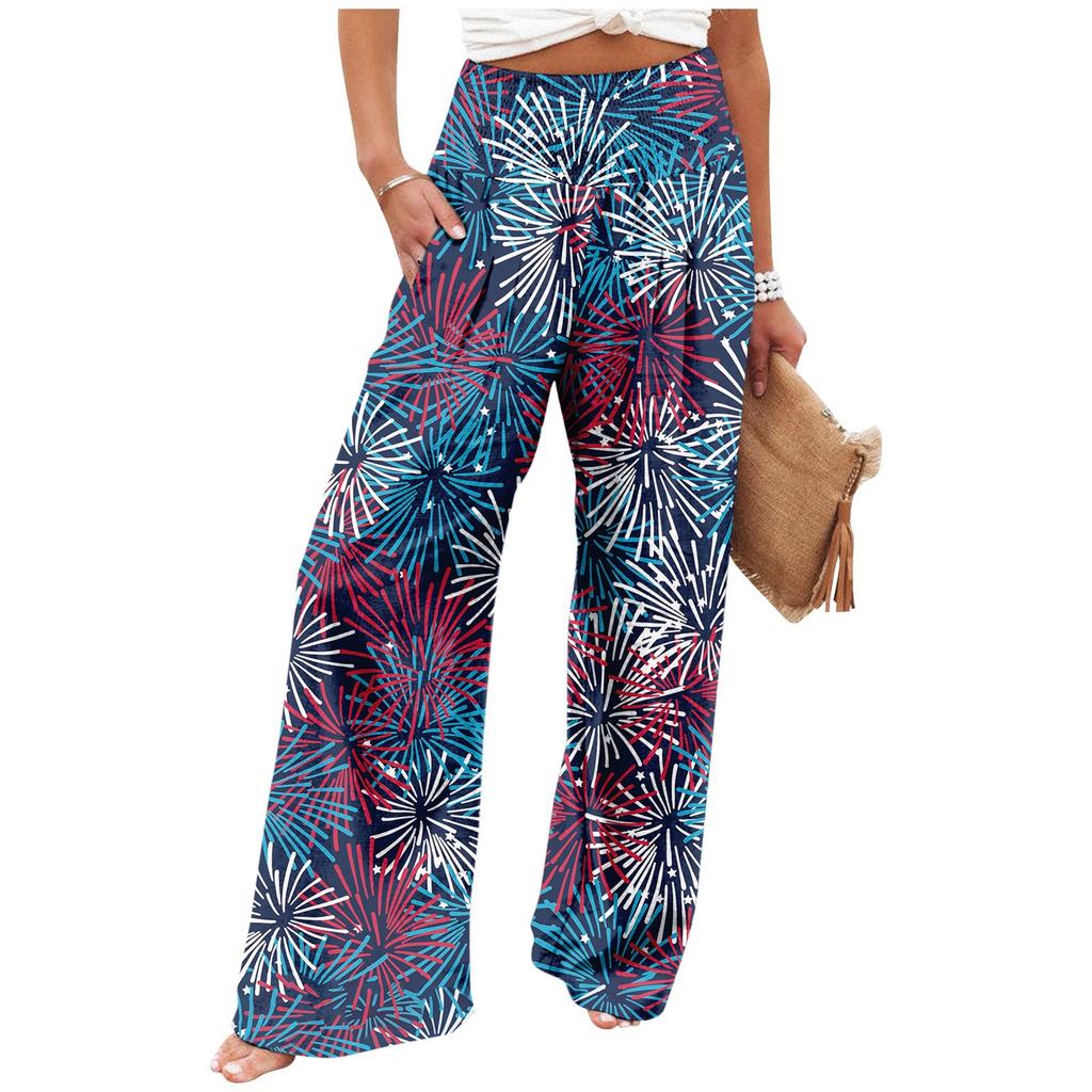 Women's Fashion Loose Casual Independence Day Print High Waist Wide Leg Pants Casual Pants