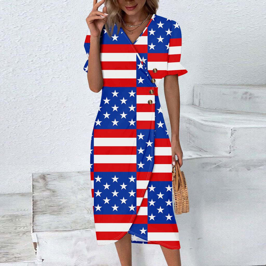 Strandkleider für Damen Frühling Sommer Elegant Wickel V-Ausschnitt Unabhängigkeitstag Print Kleid Fließend Gerafft Hawaiianisches Maxikleid