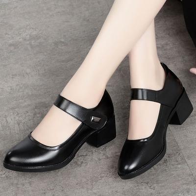 Single Shoe Women's Four Seasons Spring and Autumn Shoes, Mid Heel Thick Heel Leather Shoes, Women's Shoes, Anti Slip Work Shoes