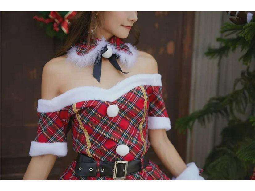 Dámské vánoční šaty s jedním ramenem a kostkovaným vzorem s páskem, japonsko-korejský styl, pasová nadýchaná sukně