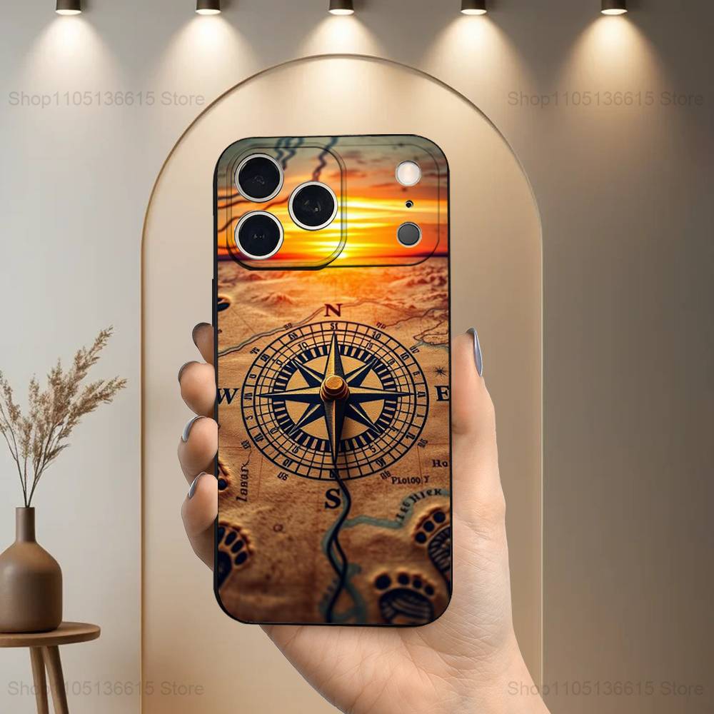 Art Navigation Compass For iPhone 13,17,11,12,16,14,15,Plus,Pro Max,XS,X,XR,SE,Mini,8,7,Soft Silicone Black Phone Case