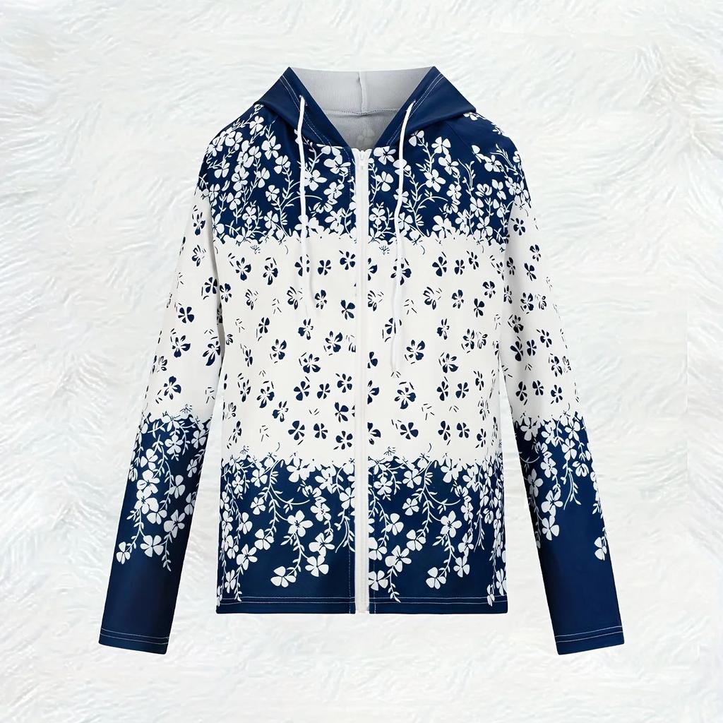 Bedrucktes Design Frühjahrs- und Herbstmodelle Lässiger Stil Blau-Weißes Blumenmuster Damen Freizeitjacke