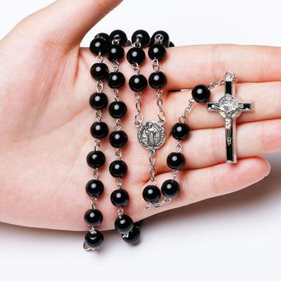 Colar de Contas de Rosário Católico Preto para Mulheres Homens Cruz Colares Longos com Pingente Oração Religioso Zircônia Igreja Presentes Rosários