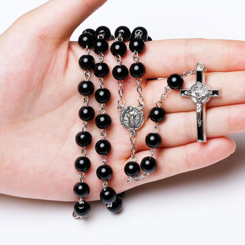 Catholic Black Rosary Beads Necklace For Women Men Cross Long Pendant Necklaces Praying Religious Zircon Church Gifts Rosarios