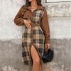 2025 Autumn Winter Lantern Sleeve A-line Corduroy Women Dress Vintage Plaid Patchwork Maxi Dresses Turn-down Collar Dress Female