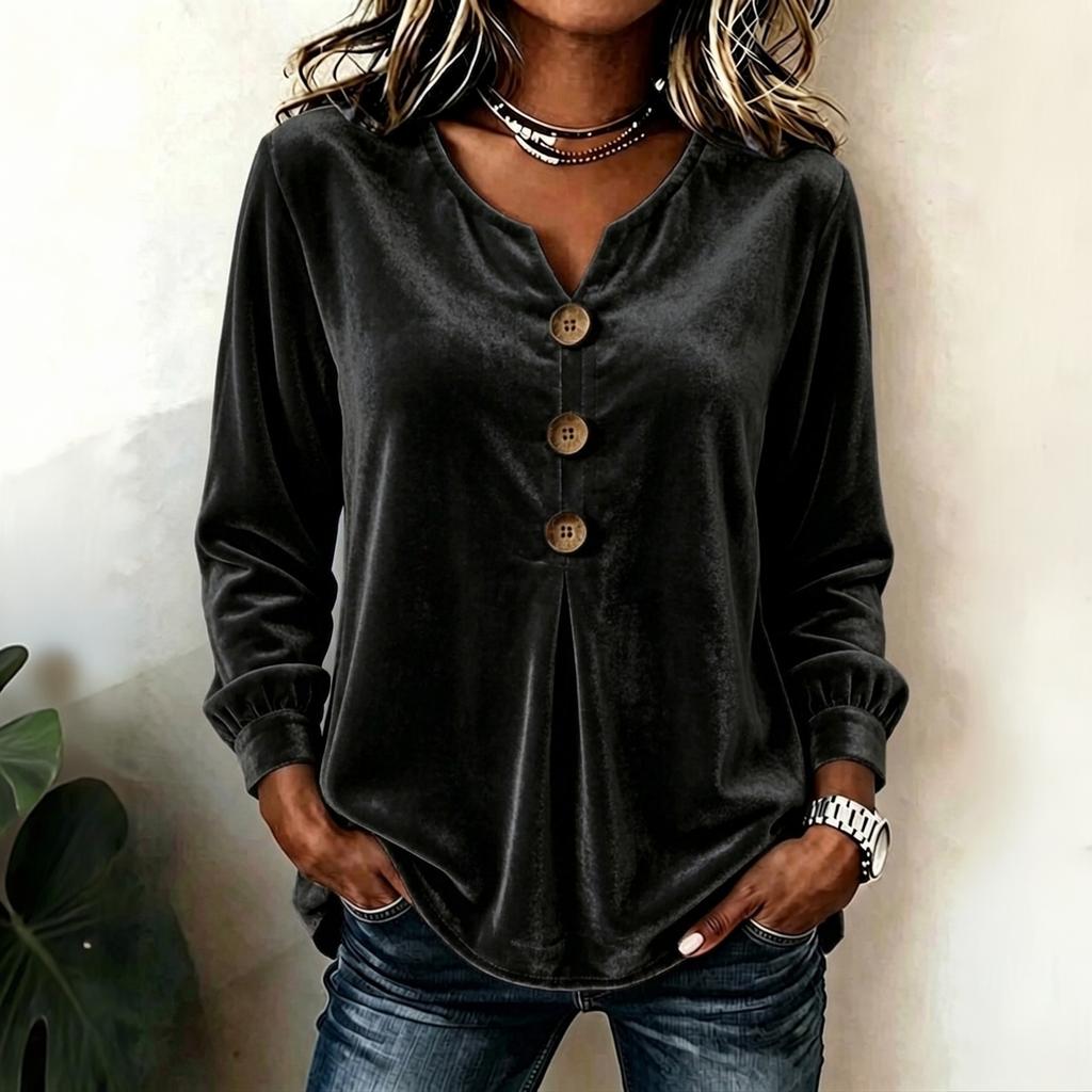 Blouse Haut Top Velours Élégant à Boutons sur le Devant et Manches Longues pour Femme