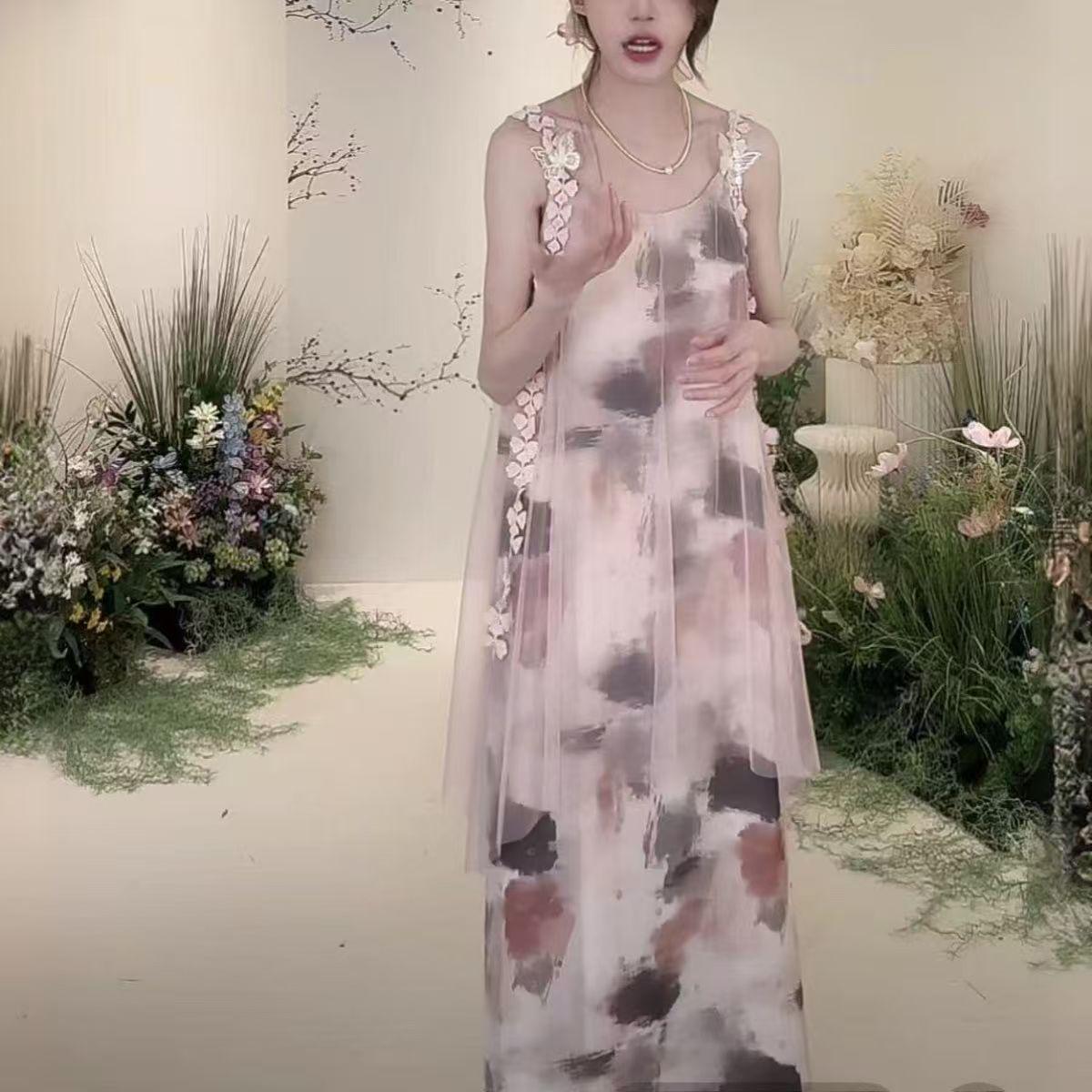 

Повседневное шифоновое платье большого размера с принтом для отпуска - Топ-майка в сказочном стиле для весны/лета 2XL 67.5-75 kg розовый