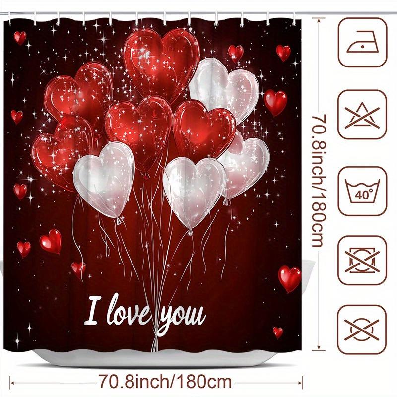 Valentine's Day Shower Curtain - Romantic Red Pink, Love Balloon Design, 12 Hooks, Home & Hotel Decor
