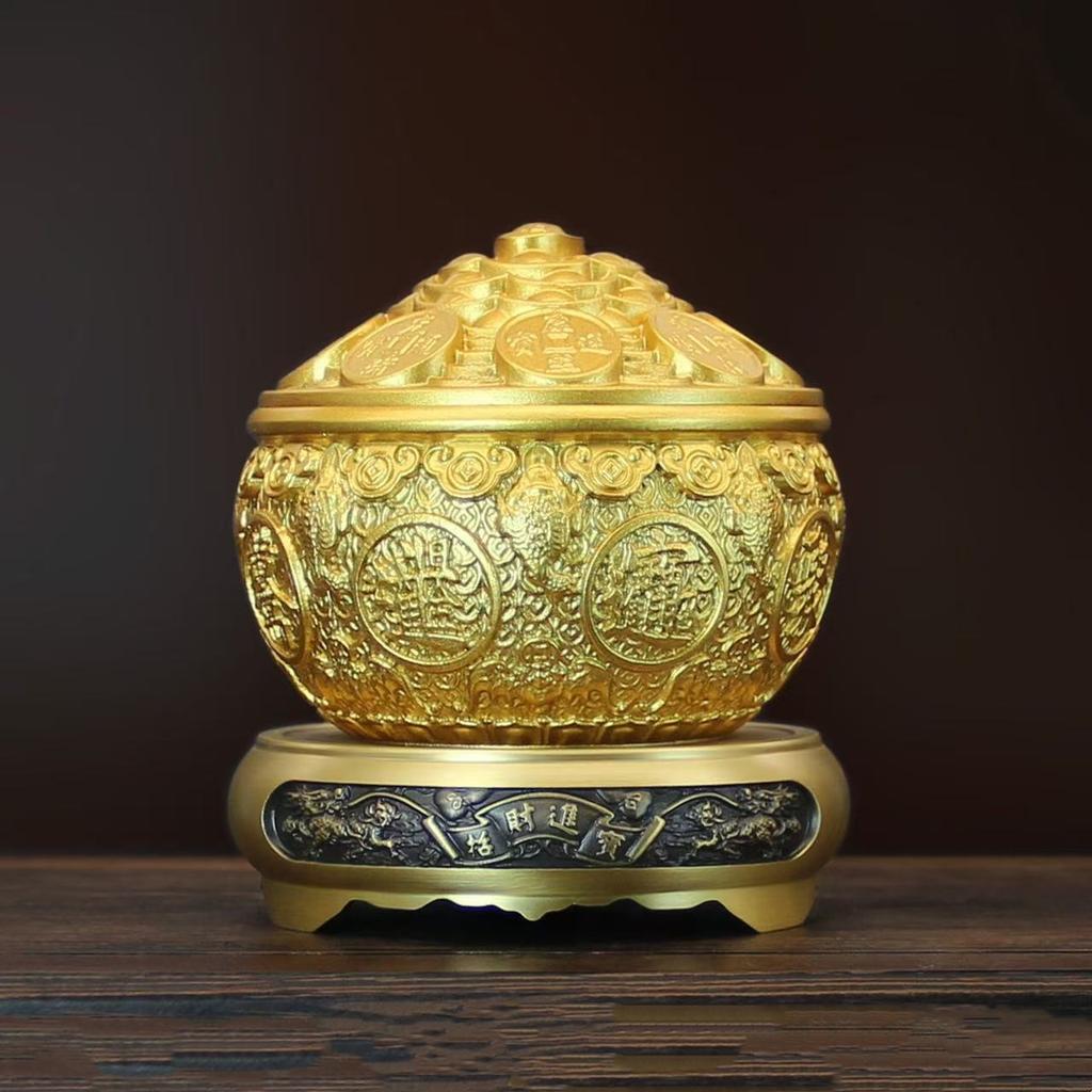 Brass Bowl,Engraved Golden Toad Treasure Basin,Copper Jar With Lid for Attracting Wealth Good Fortune, Home Desktop Decoration