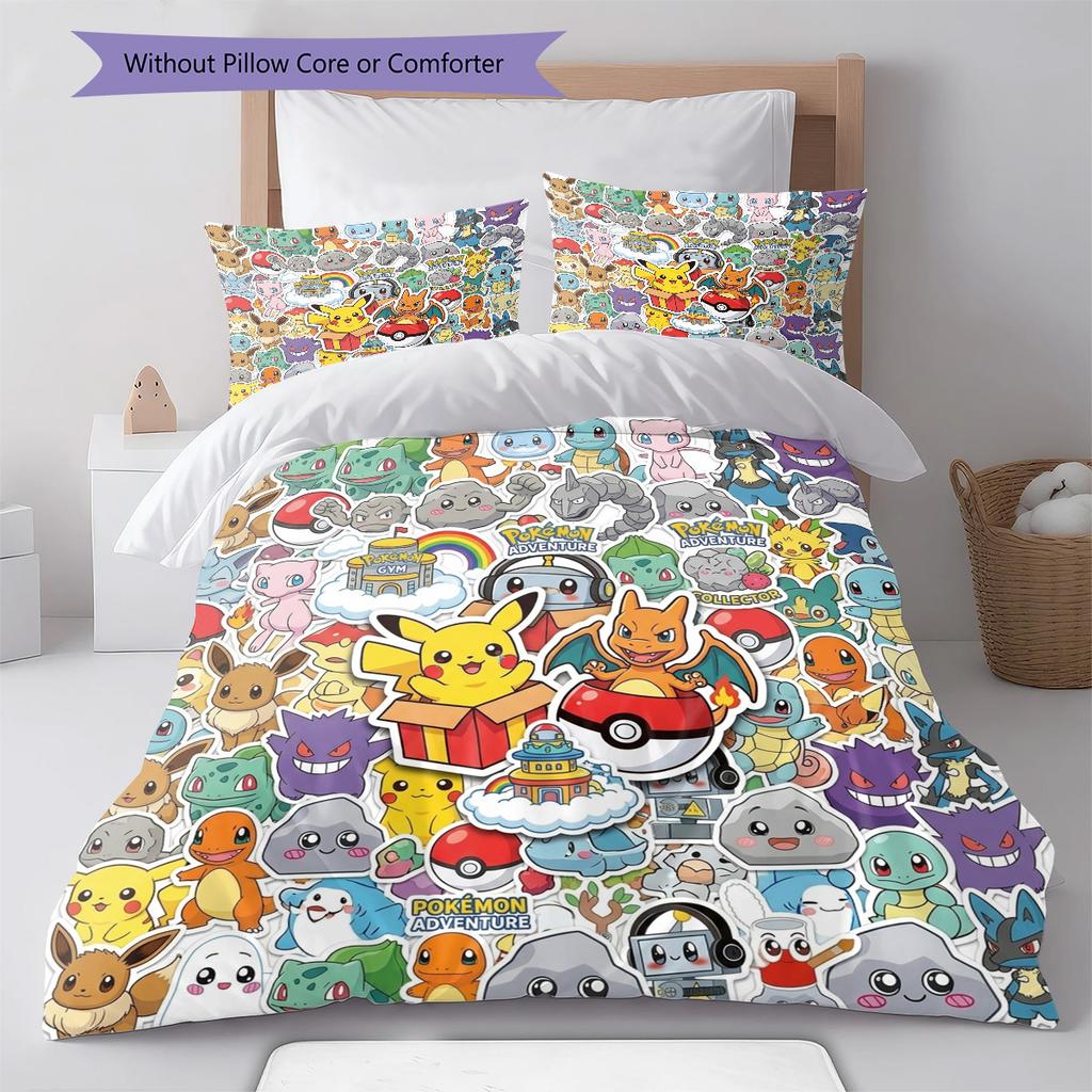 Pokmon Pattern Bedding Quilt Set Quilt Cover Pillowcase Home Birthday Gift(1 * duvet cover + 2 * pillowcase, without core)