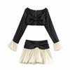 Kaslead New Arrival Women's Fashion Style Fashion Colorblock Long Sleeves Short Top Skirt Outfit