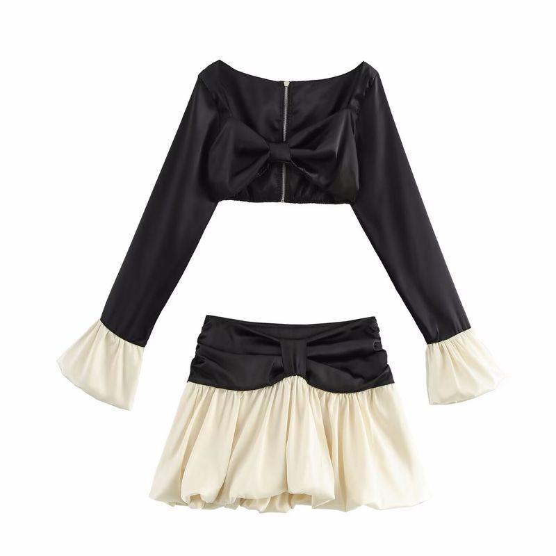Kaslead New Arrival Women's Fashion Style Fashion Colorblock Long Sleeves Short Top Skirt Outfit