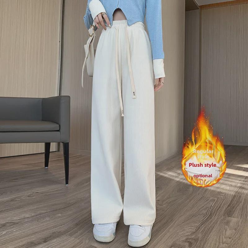 Women's High-Waist Corduroy Wide-Leg Pants: European Cotton Velvet, Autumn/Winter, Slim Drape, Plus Velvet, Casual Straight Fit.