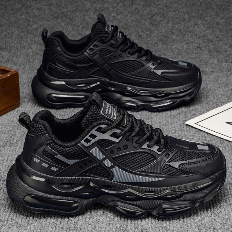 Pure Black Men's Casual Sneakers Outdoor Sports Shoes Breathable Wear-resistant Rubber Outsole Comfortable Shoes for Men