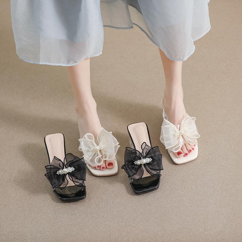 Fashion 2025 Women Clear PVC Heel Slippers Lace Bow Shoes Ladies Slip On Sliders Med-High Heeled Sandals Femme Wedges Open Toe Flipflops