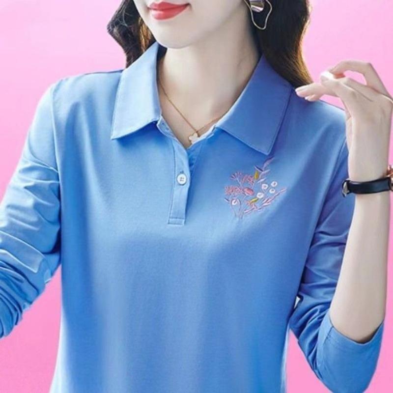 

Темпераментная футболка с длинным рукавом для женщин в весенней одежде, модная маленькая рубашка, воротник поло, свободный, универсальный, вышитый топ 4XL синий