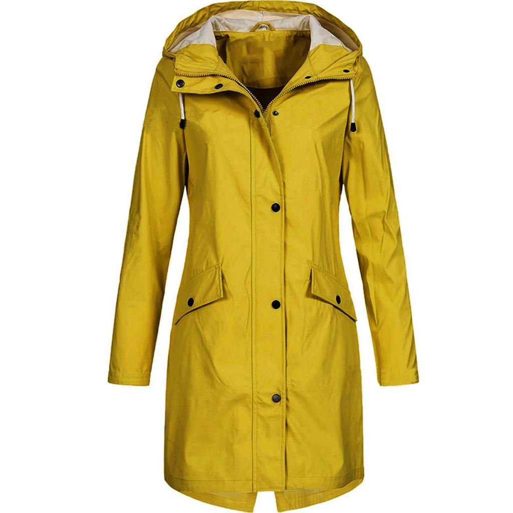Women Solid Rain Outdoor Plus Size Hooded Raincoat Windproof Long Jacket Coat