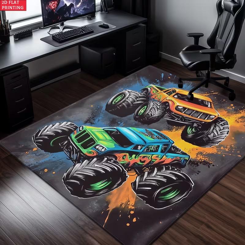 2D Flat Monster Truck HD Printed Carpet, Kitchen Rugs, Yoga Mat, Non-Slip Bathroom Mats Washable Polyester Rug for Bathroom