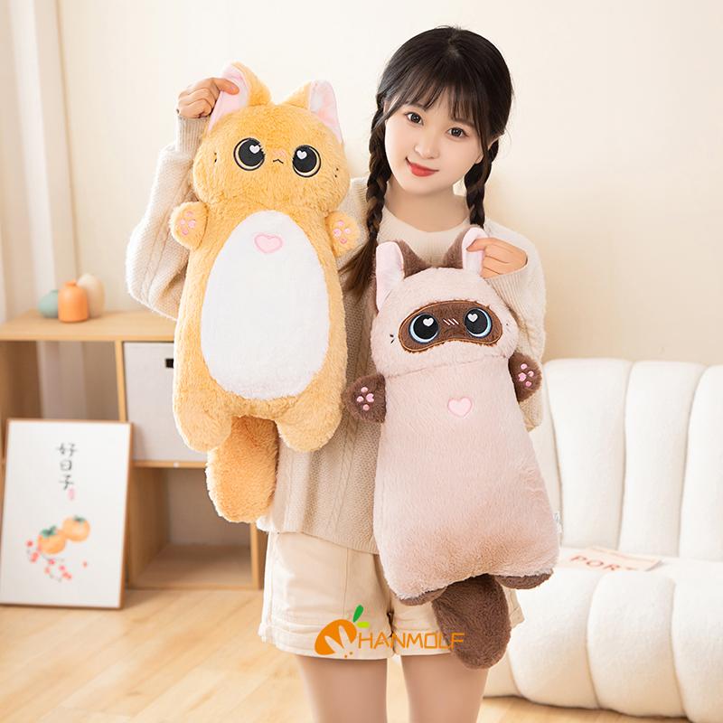 40/55/65cm Kawaii Cat Long Pillow Cartoon Animal Stuffed Doll Plush Toy Black Grey Brown Siamese Cats Sleeping Hug Plushie Gift