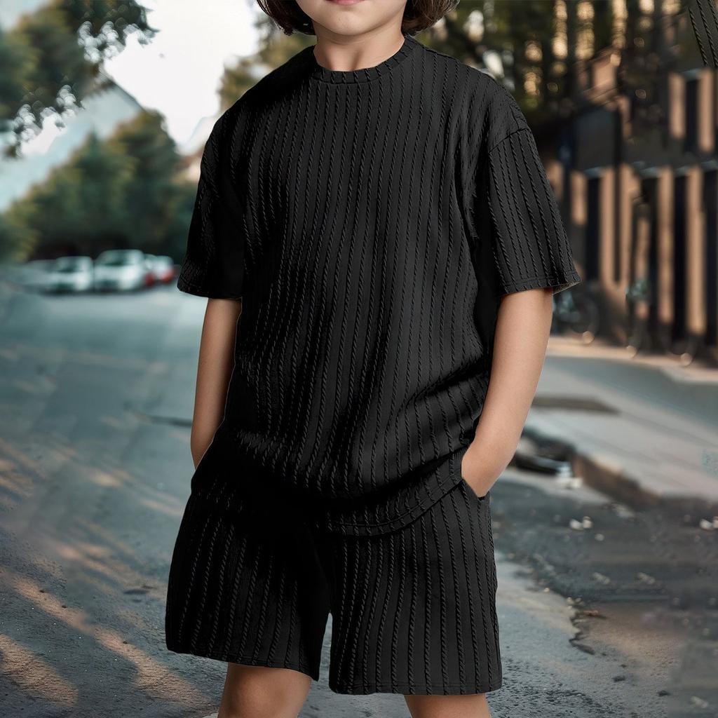 Children's 2 Piece Outfits Short Sleeve Crewneck Summer T Shirt And Drawstring Casual Track Shorts Set