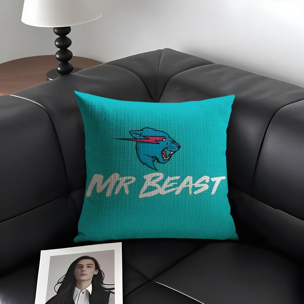 Housse de coussin Logo Mr Cute B-Beasts Lin Naturel Tissu Biologique Impression Double Face Décoration de Canapé Maison Housse de Coussin Cadeau