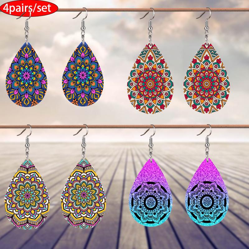 Bohemian Style Colorful Mandala PU Leather Earrings Boho Earrings Trendy Female Earrings Elegant Fashion Earrings Christmas Gifts for Women