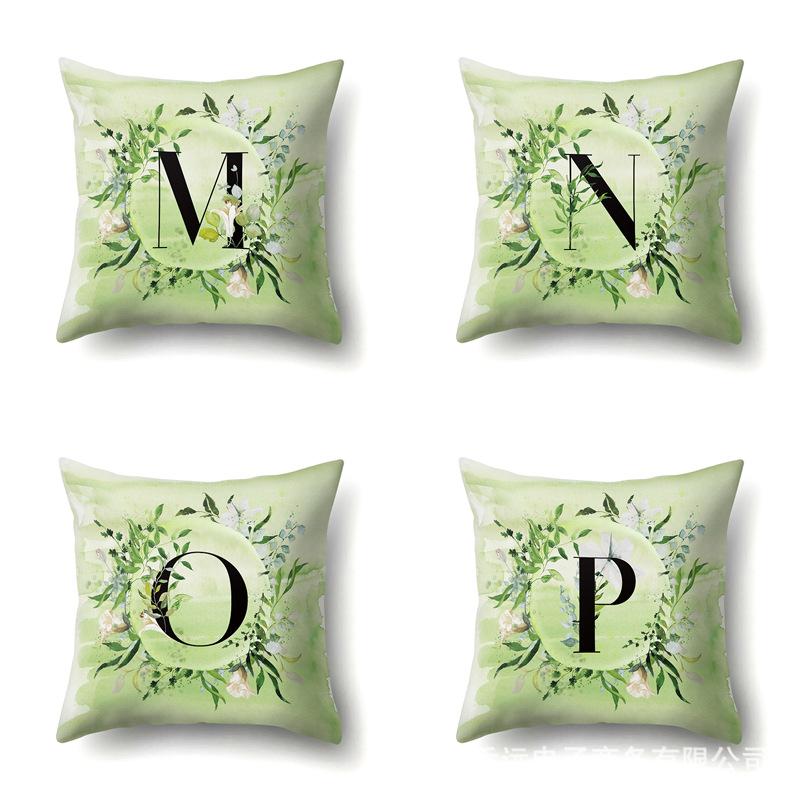 Polyester Pillowcase Car Decoration Small Fresh Green Leaves 26 English Letter Printing Pillow Cushion Cover