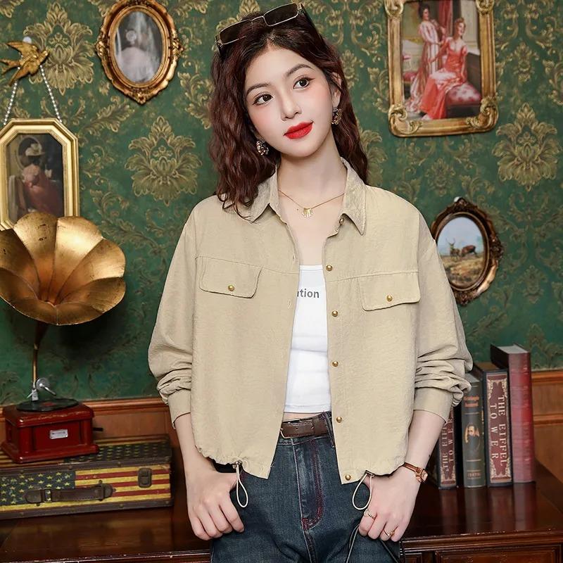 Women's Casual Beige Button Up Drawstring Hem Long Sleeve Shirt Jacket