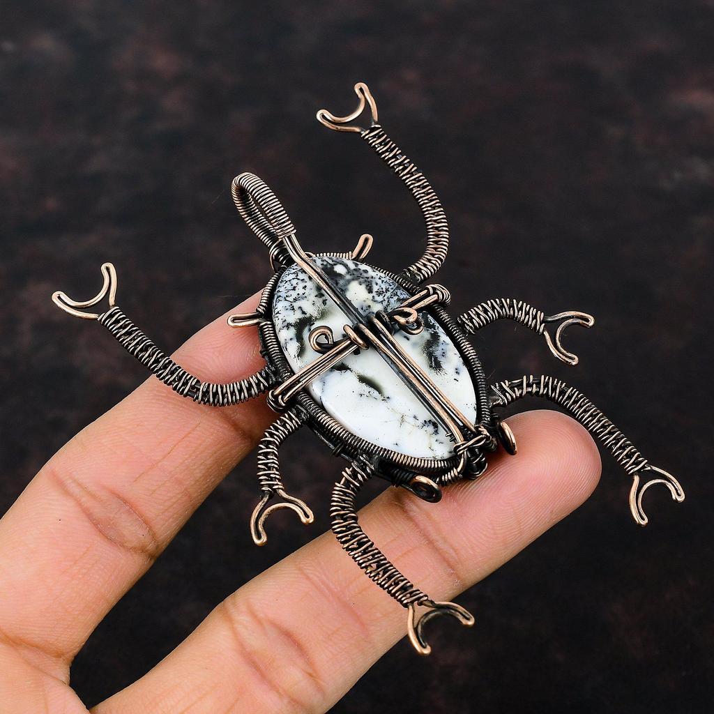 Dendrite Opal Pendant Copper Wire Wrapped Pendant Gemstone Jewelry Handmade Pendant Designer Copper Jewelry Beetle Pendant Wire Wrap Jewelry