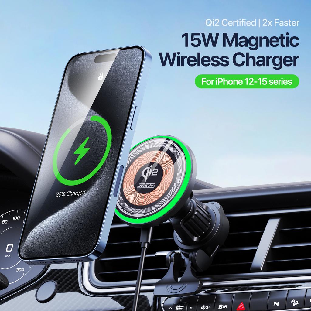 DUZZONA V5 15W Car Magnetic Wireless Charger for iPhone 16-15 Series Air Outlet Phone Charging Holder (Qi2 Certified)