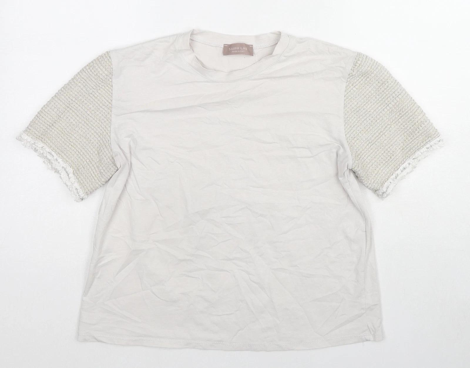 Saiph Lab Womens Ivory Cotton Blend T-Shirt Size L - Tweed Sleeves S