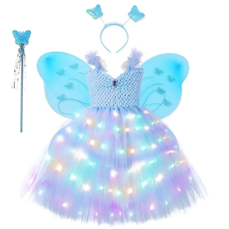 

4Pcs Fairys Princess Costume Set with Butterfly Wing Angel Wand Tutus Dress Headband for Kids Little Girls M синій