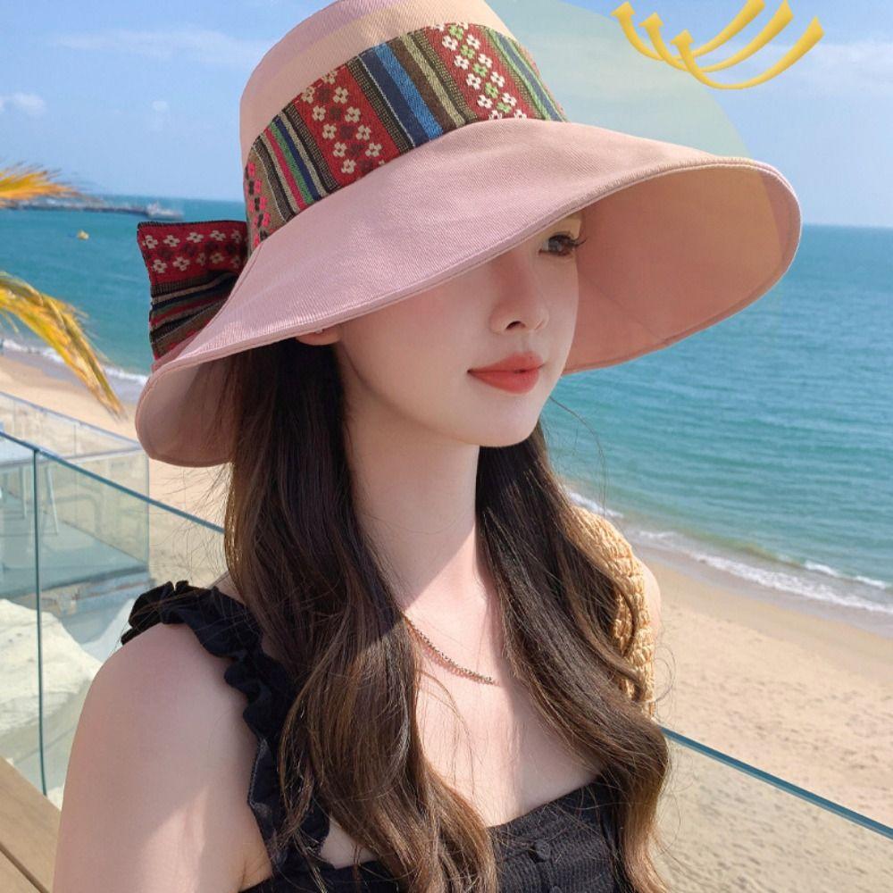 Ethnic Style Women's Sun Hat Solid Color Wide Brim Bucket Cap Simple Bowknot Fishmen Hat  Girl