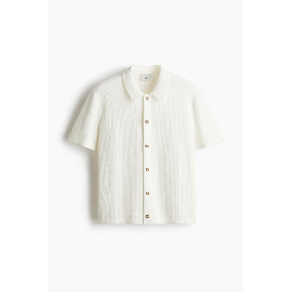 H M Regular Fit Textured Knit sHirt creaM