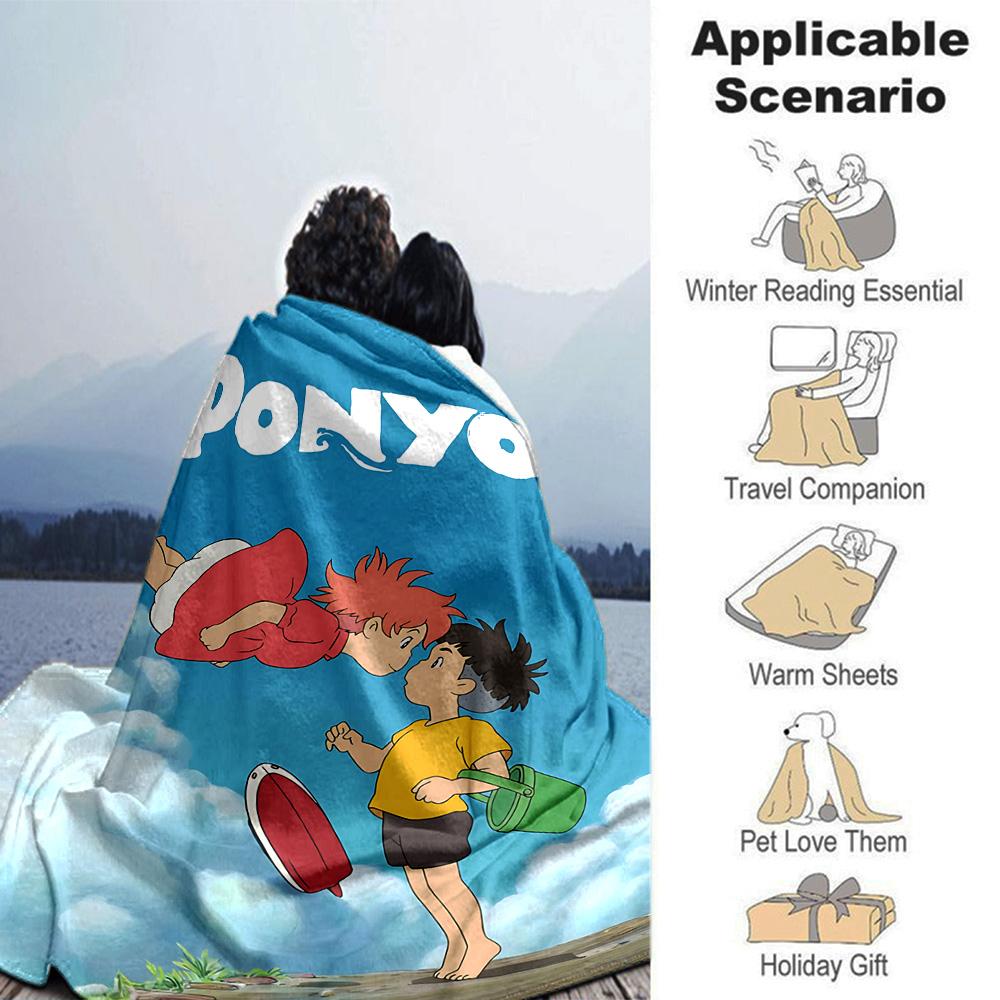 Ponyo Sea Magic Flannel Blanket Super Soft Warm Cozy Blanket for Sofa Bed Office Travel All‑Season Home Decor Gift