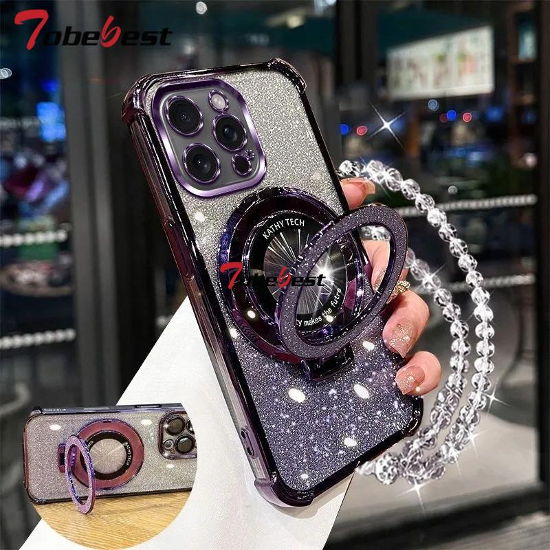 Shockproof Glitter Plating Crystal Bracelet Magsafe Phone Holder Case For iphone 16 15 14 13 12 11 Pro XS Max XR 8 7 Plus Cover