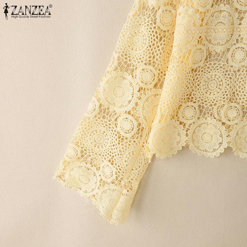 ZANZEA Womens Summer Long Sleeve Hollow Out Lace Crochet Cover Up Blouse