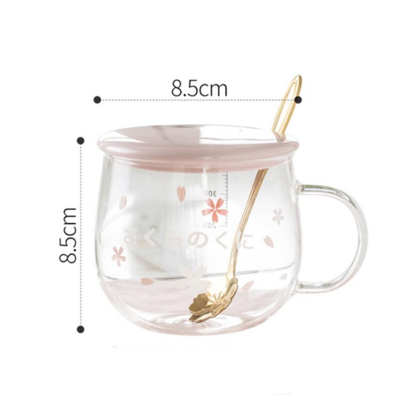 Cherry Blossom Travel Glass Coffee Mug Outdoor Heat-Resistant Scale Teacup With Non-Slip Cover Transparent Milk Breakfast Cup