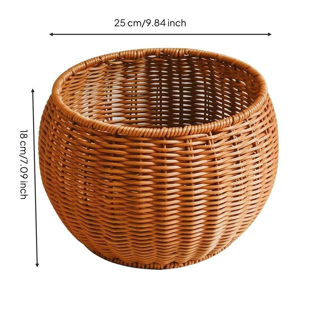 Tea-Brown Woven Organizer Tabletop Round Belly-Shaped Basket Rustic