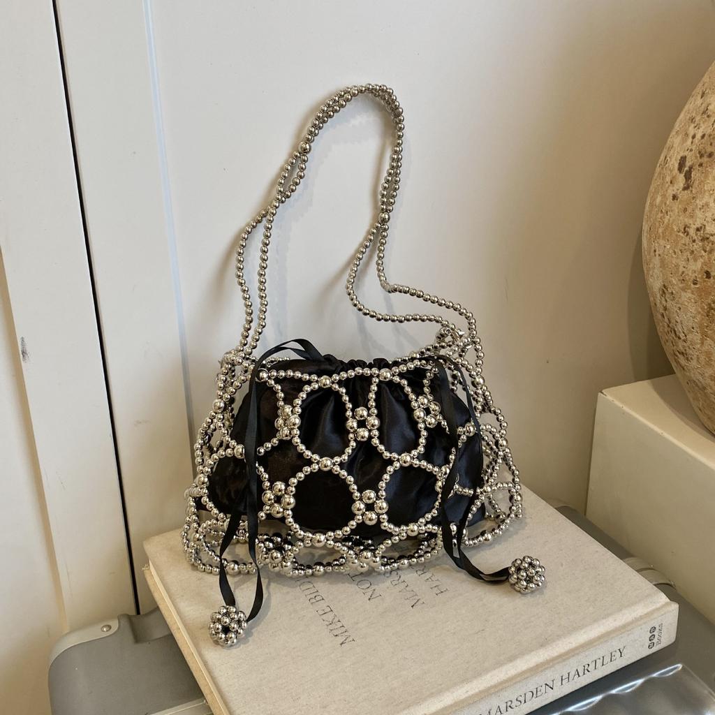 Fashionable Versatile Beaded Handbag with Hollow Interior for Mobile Phone, Light and Elegant Cross-body Bucket Bag