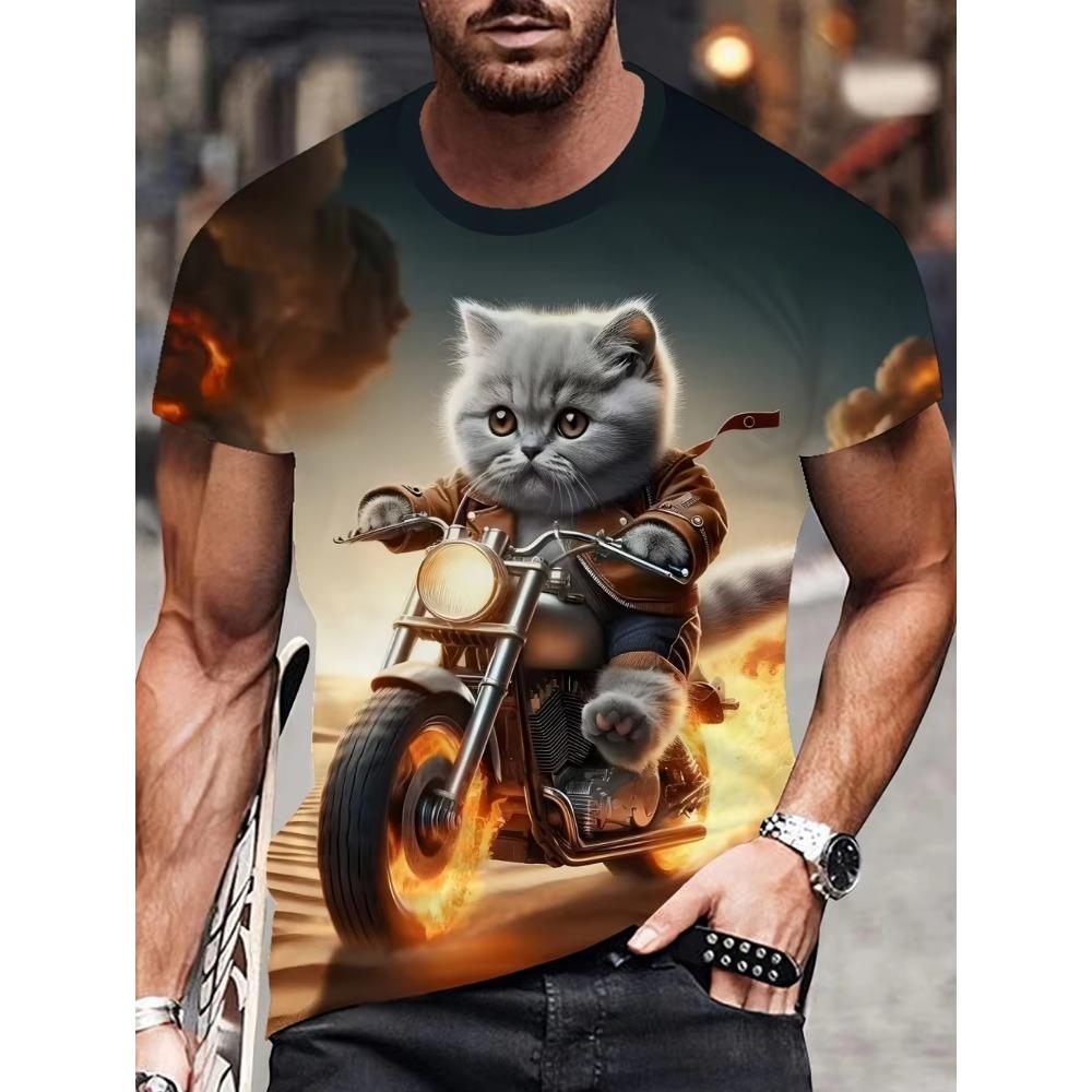 Summer Funny Men Cute Cat 3D Animal Printed Short Sleeves T-Shirt Round Neck T-Shirts Fashionable Comfortable Breathable Casual Top Men's T-shirt